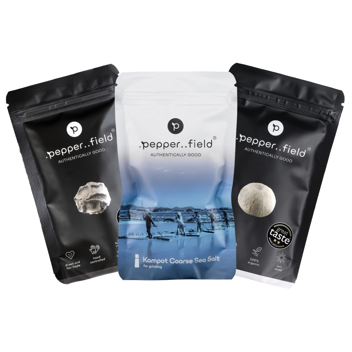 Set: black and white Kampot  pepper, coarse-grained Kampot salt 