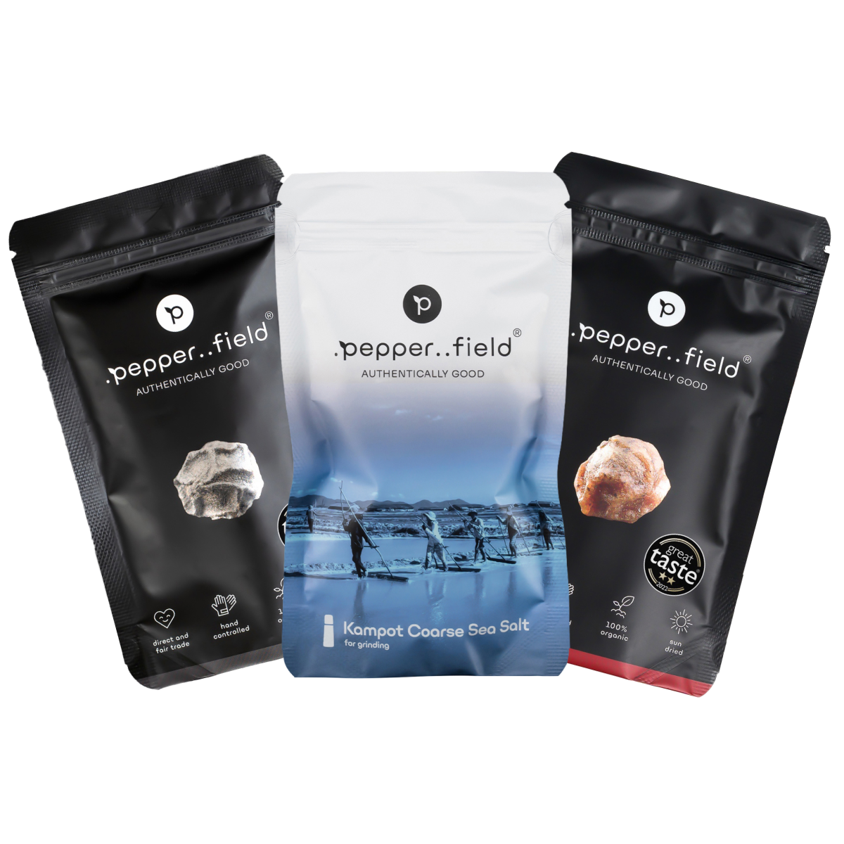 Set: Black and red Kampot  pepper, coarse-grained Kampot salt 