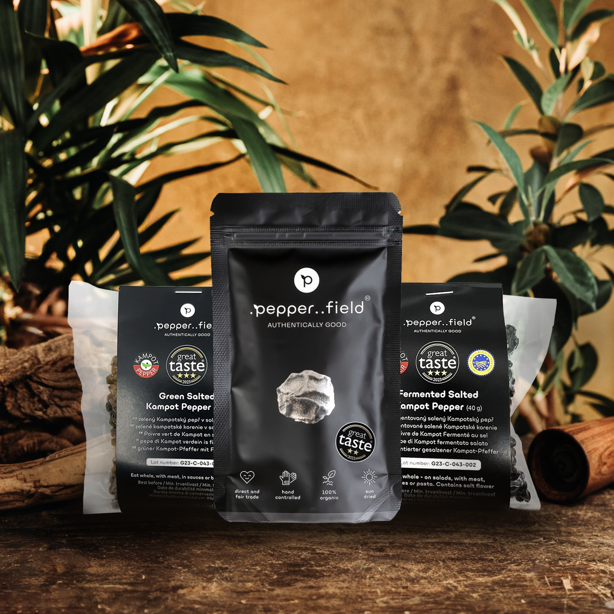 Set: Fermented, green, and black Kampot  pepper 