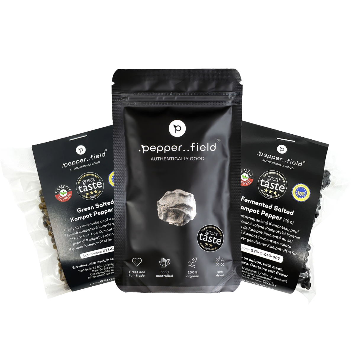 Set: Fermented, green, and black Kampot  pepper 