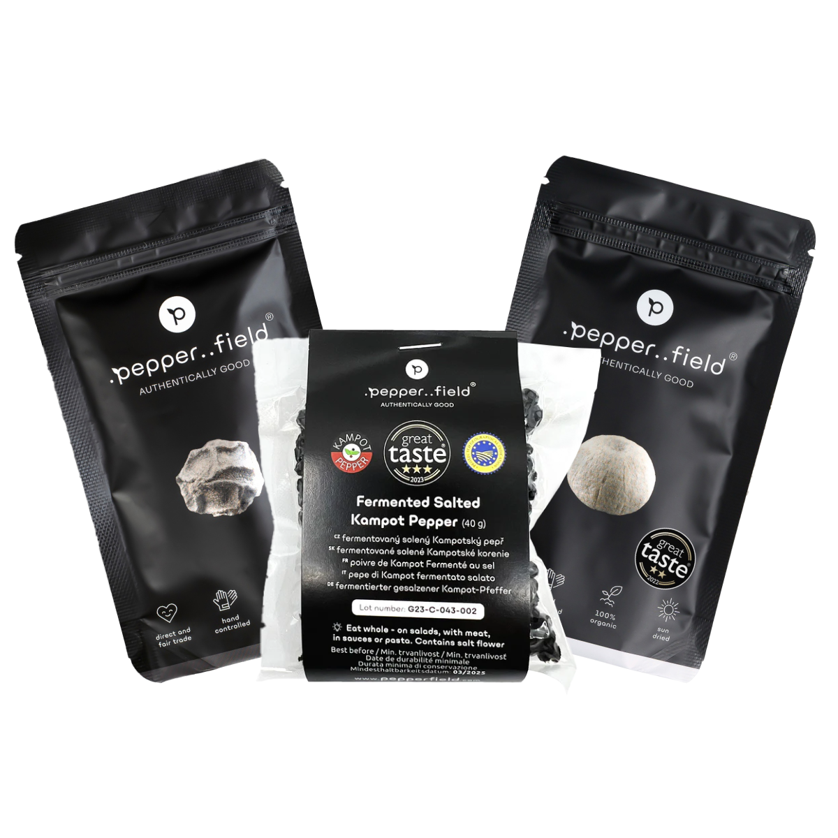 Set: black, white, and fermented Kampot  pepper 