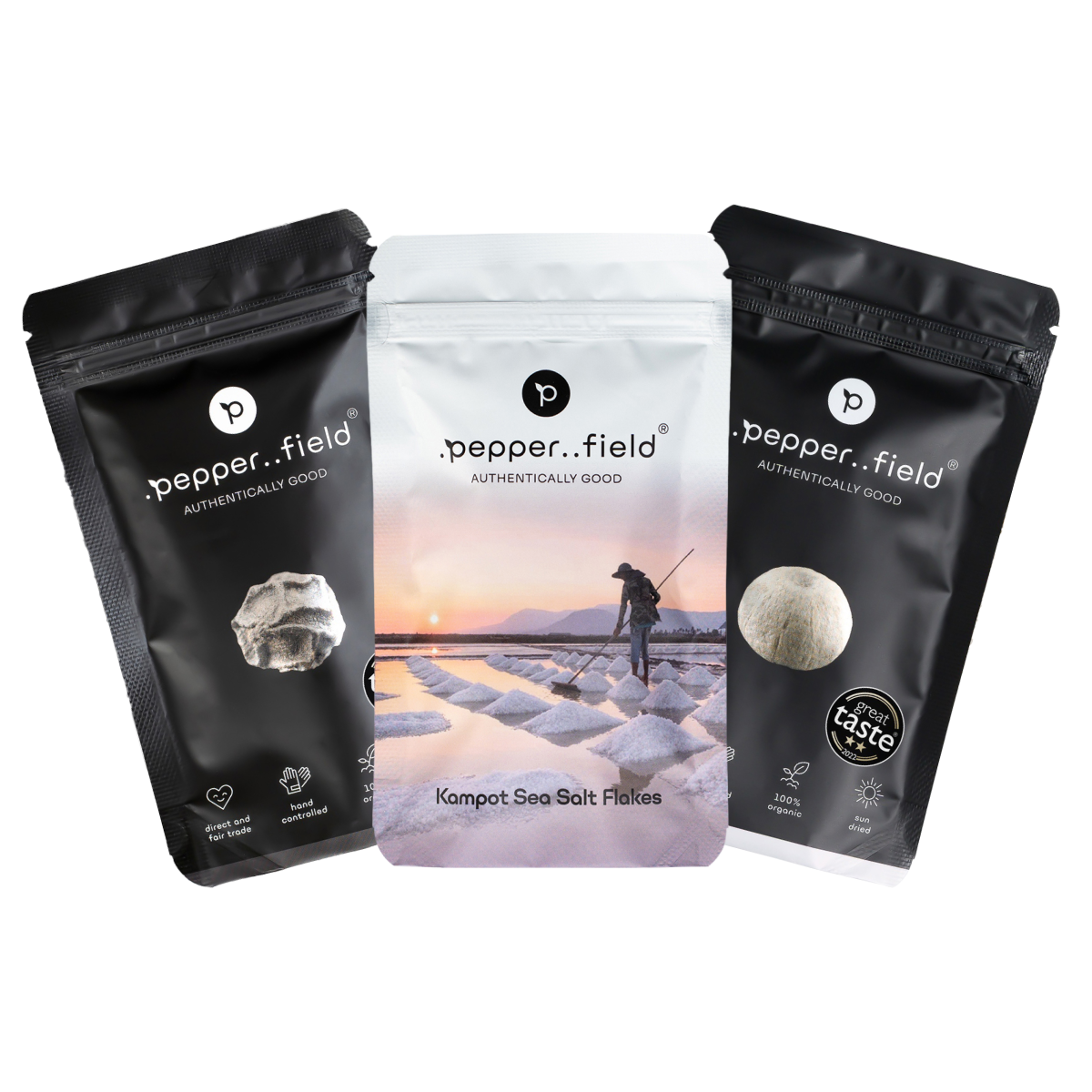 Set: Black and white Kampot  pepper, salt pyramids (Salt Flakes) 