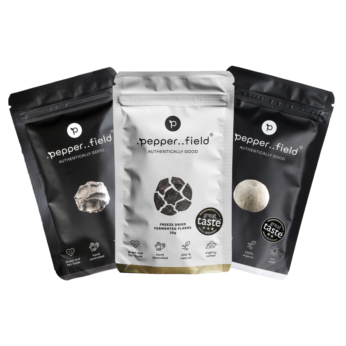 Set: Black and white Kampot  pepper, lyophilized flakes of fermented Kampot pepper (Pepper Flakes) 