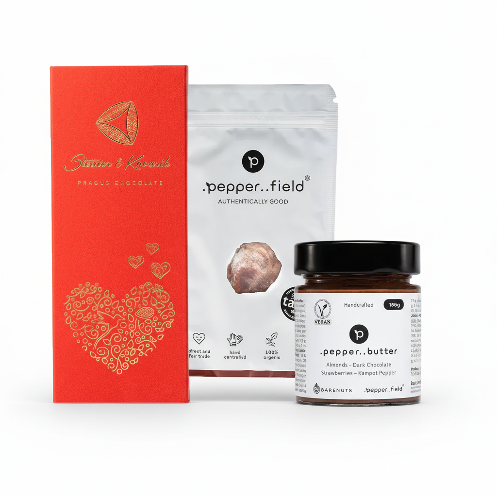 Valentine's almond package: almond butter with dark chocolate + almonds in chocolate with cherry aroma + 20 g of red Kampot pepper as a gift 