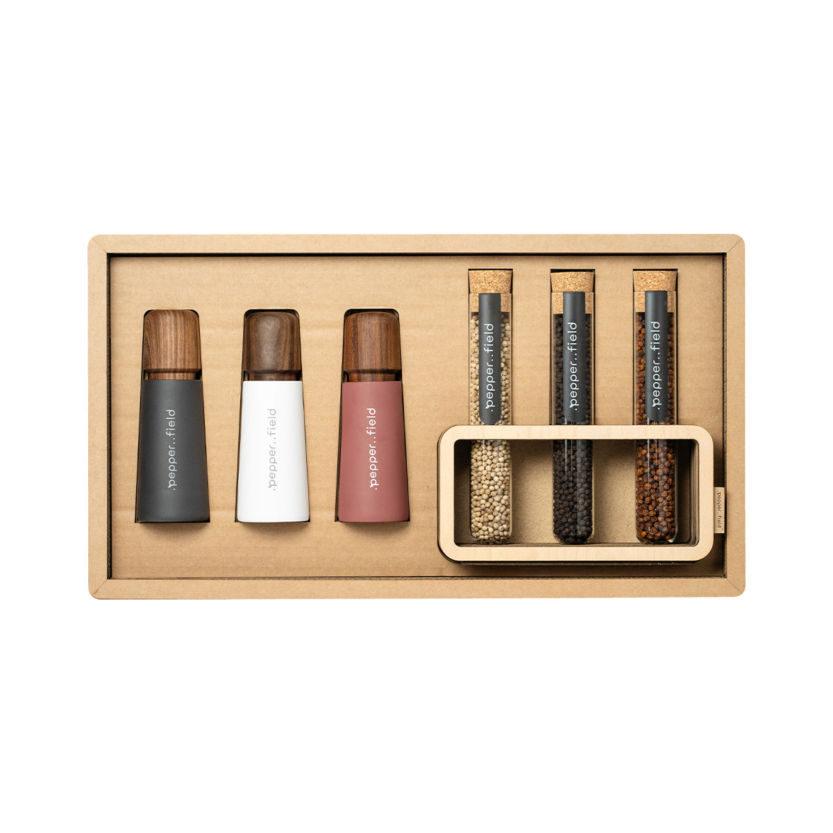 Luxury gift case made of recycled cardboard with 3 grinders and Kampot pepper 3x70g in tubes with a stand