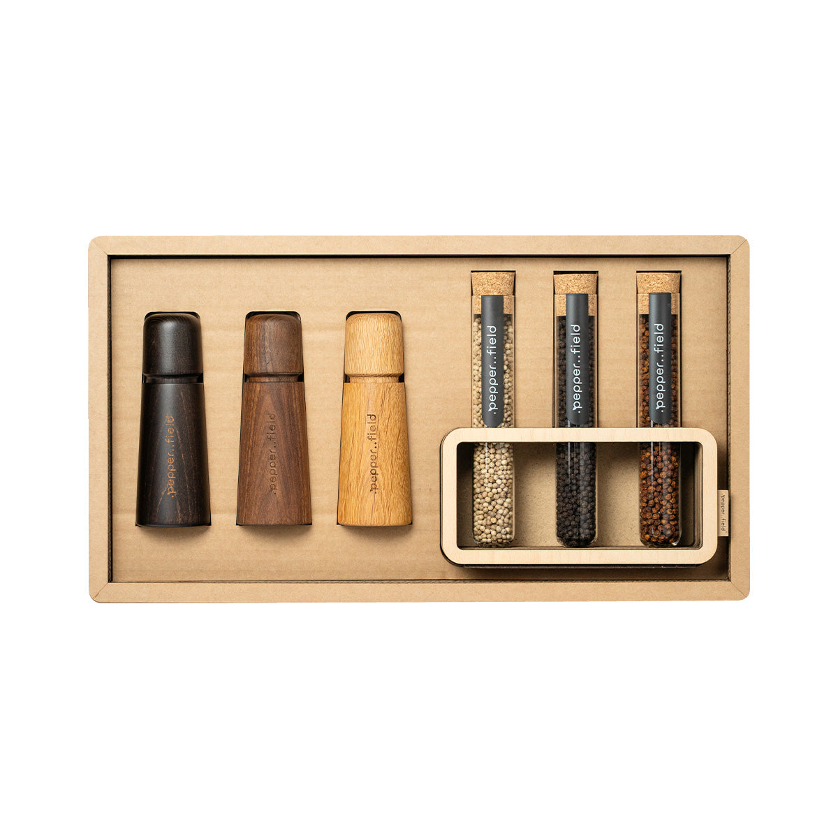 Luxury gift case made of recycled cardboard with 3 grinders and Kampot pepper 3x70g in tubes with a stand