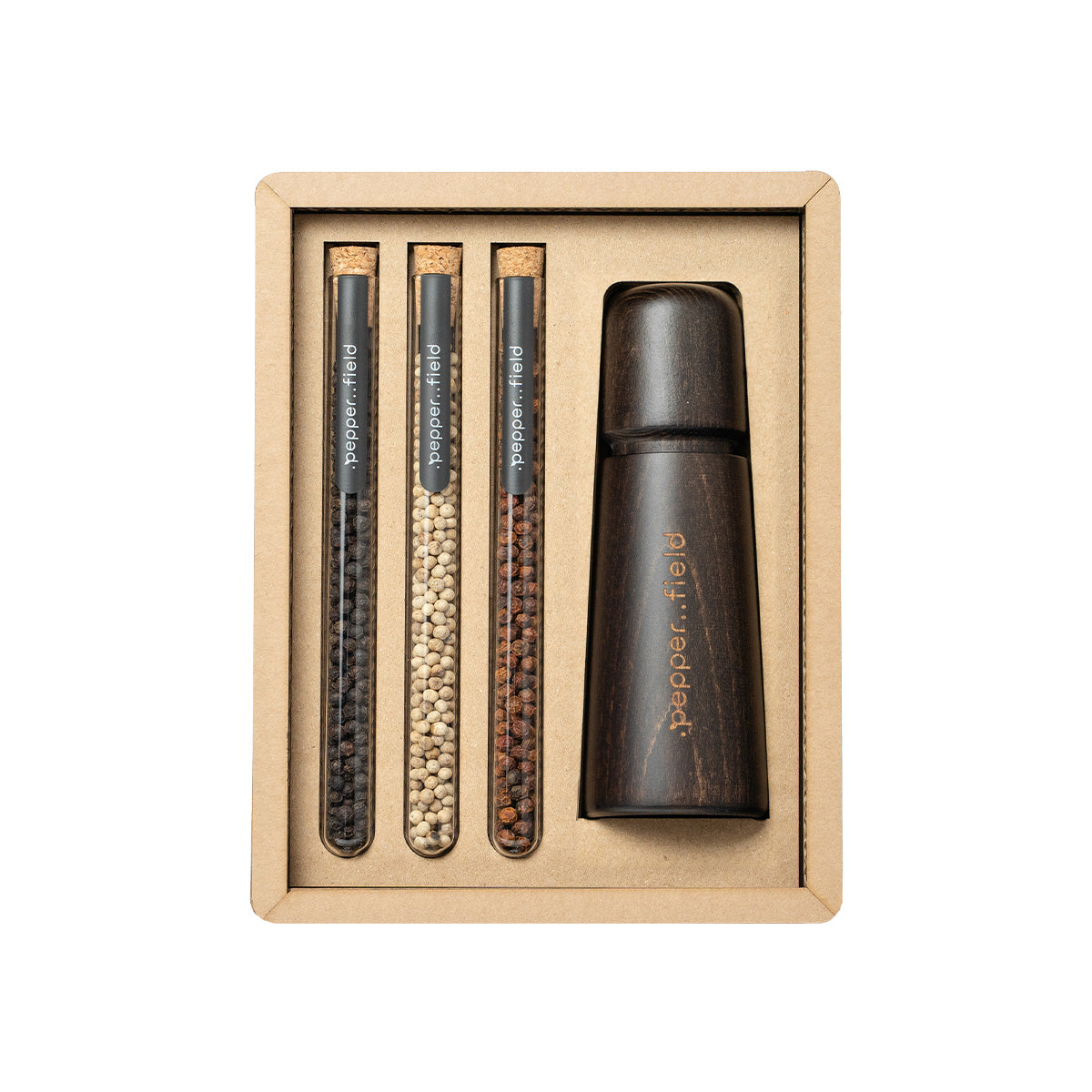 Scandinavian grinder with a set of test tubes with Kampot pepper in a gift cardboard box (3x10g)