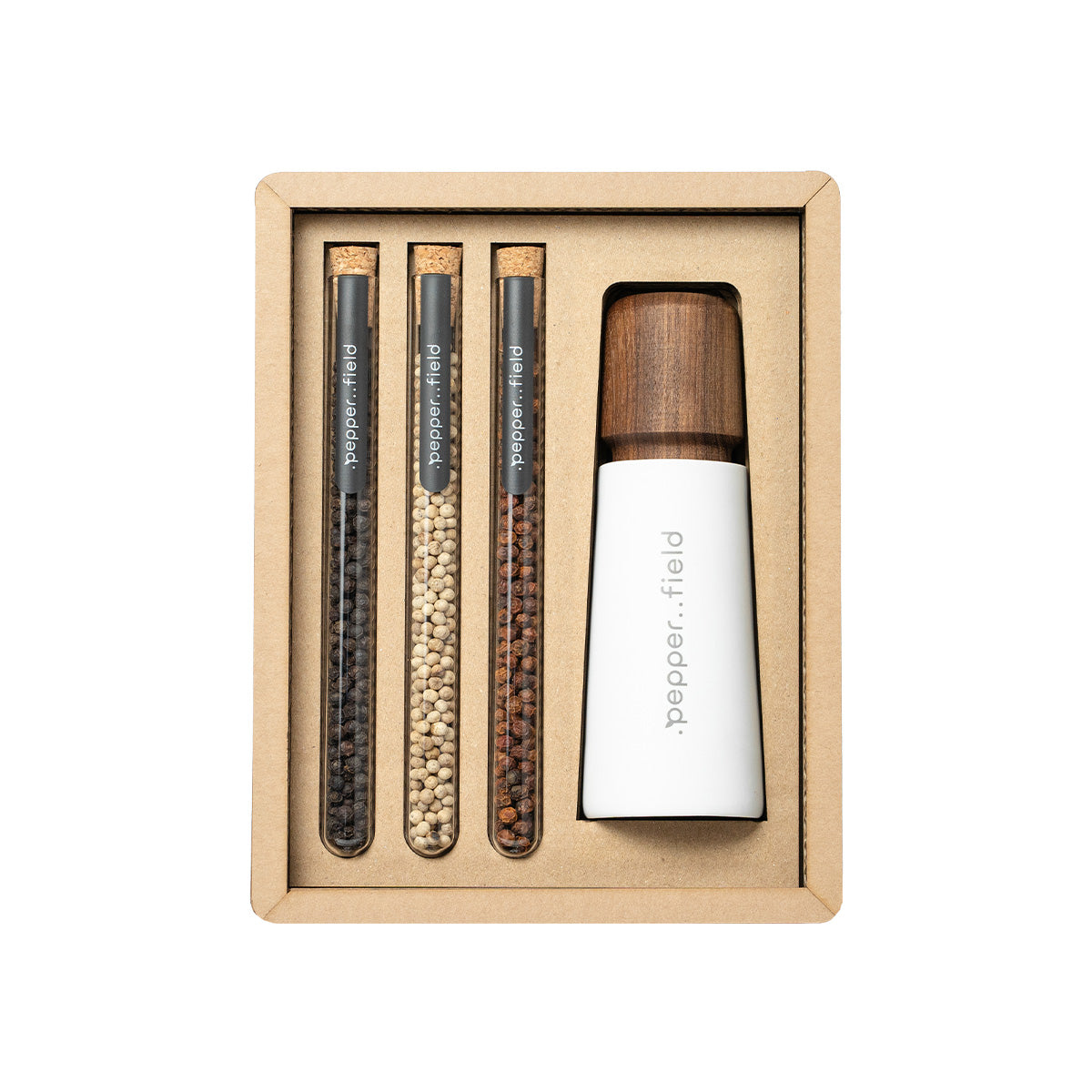 Scandinavian grinder with a set of test tubes with Kampot pepper in a gift cardboard box (3x10g)