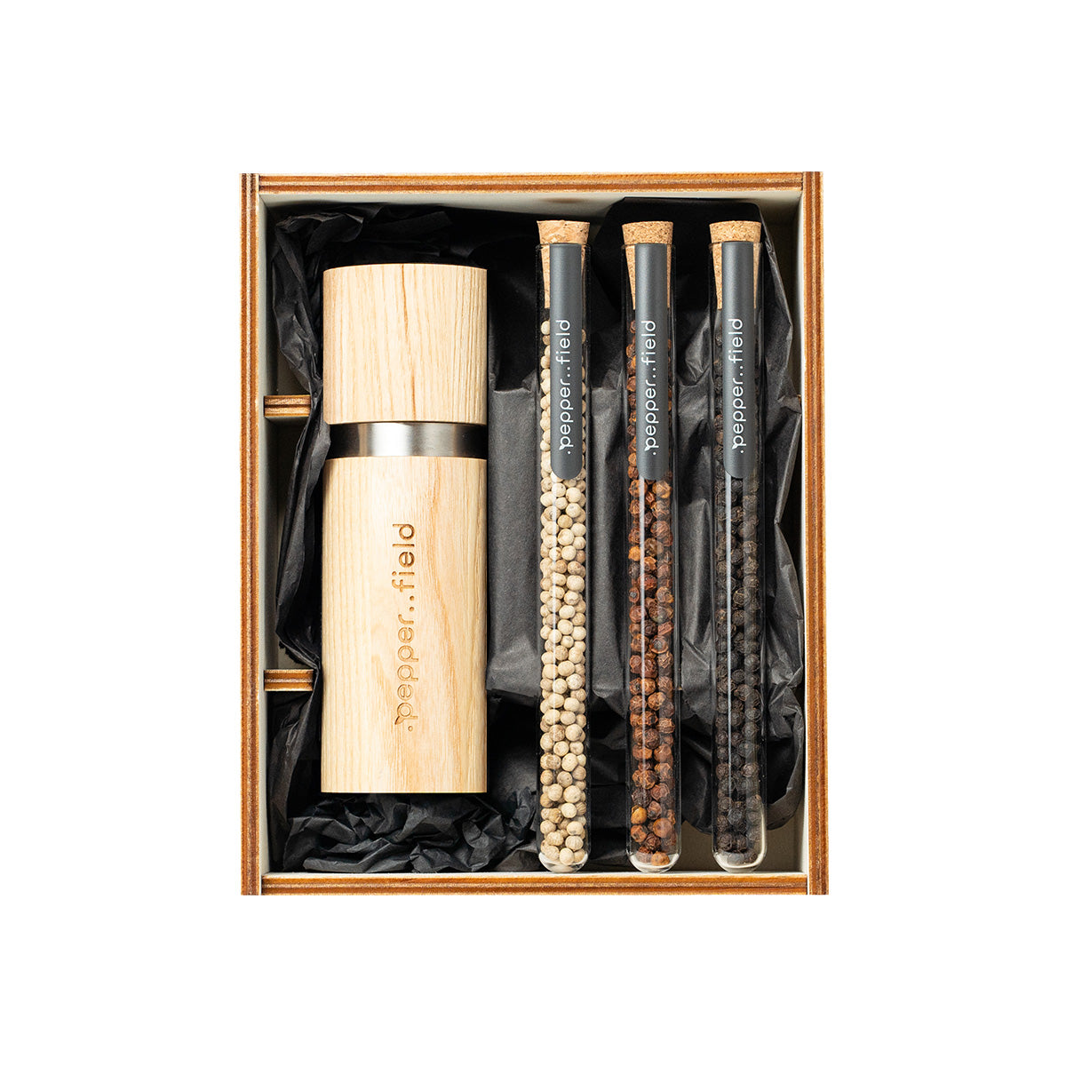 Set of test tubes with 3 types of Kampot pepper + grinder in a gift box (3× 10 g) 
