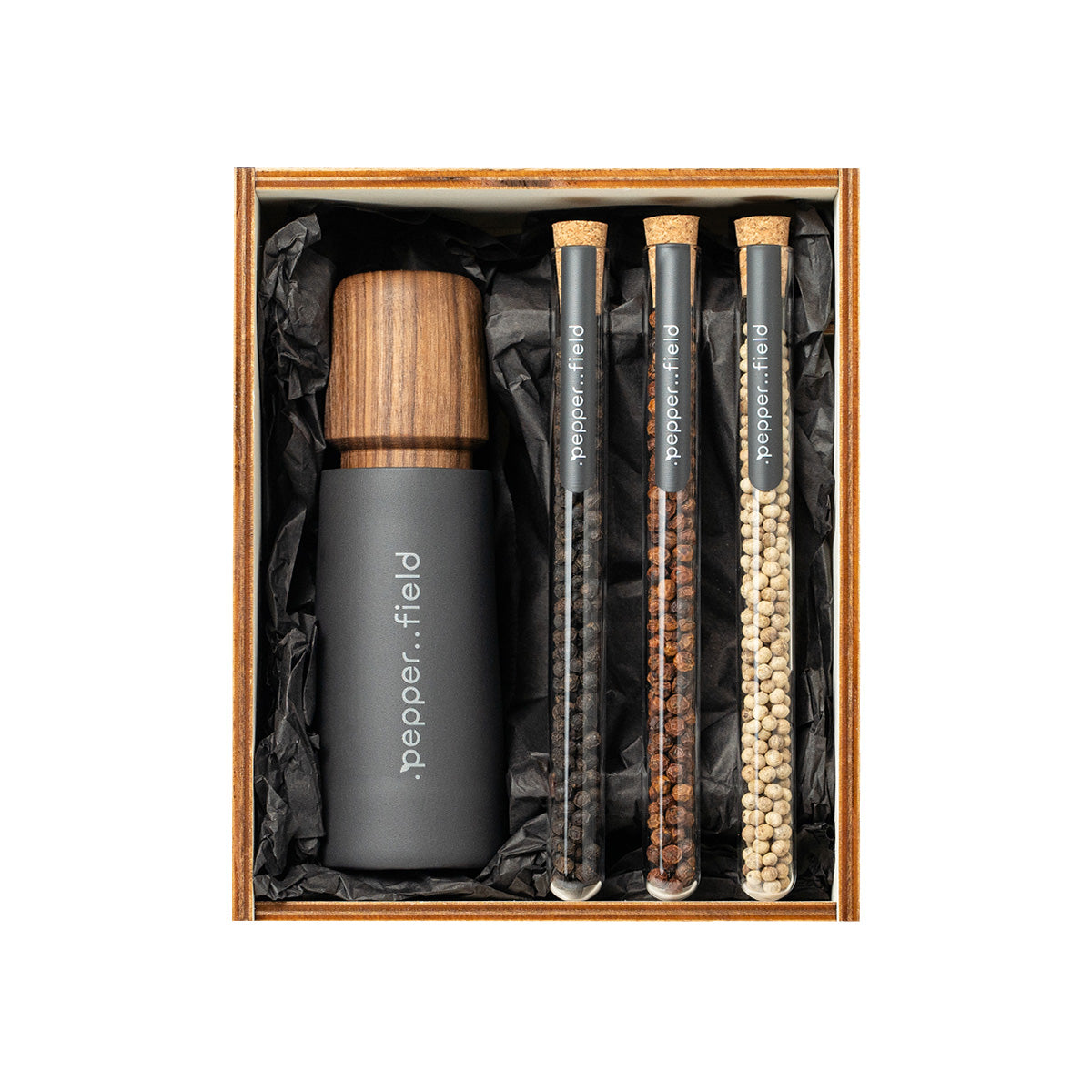 Scandinavian grinder with a set of vials with Kampot pepper in a wooden gift box (3x12g)